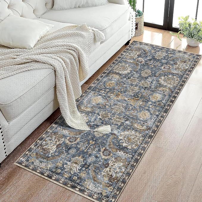 RUGSURE Washable Area Rugs - Perfect for Living Room, Bedroom, Kids Room, Nursery - Stain & Water Resistant Non-Slip, Pet & Child Friendly, Vintage Tribal Area Rugs (Navy, 2'6'' x 8')
