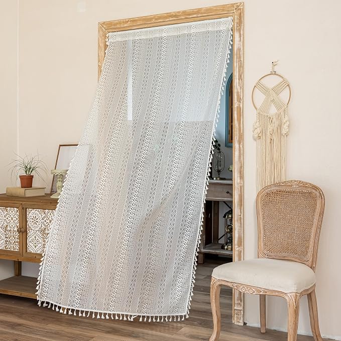 Sutuo Home White Boho Lace Sheer Door Curtain for Doorway, Bohemian Doorway Curtain for Front Door Hallway Crochet Vintage Chic Tassels Privacy Temporary Room Divider Rod Pocket,1 Panel 37" x 80"