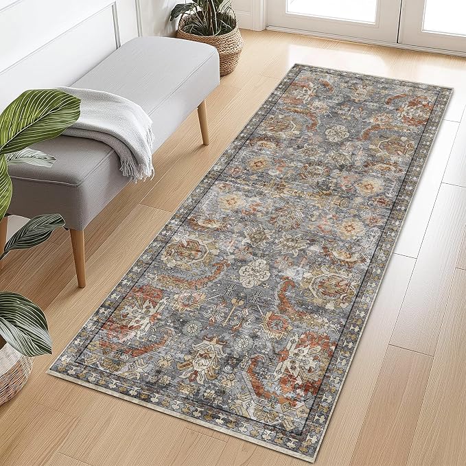 RUGSURE Washable Area Rugs - Perfect for Living Room, Bedroom, Kids Room, Nursery - Stain & Water Resistant Non-Slip, Pet & Child Friendly, Vintage Tribal Area Rugs (Turmeric and Grey, 2'6'' x 8')