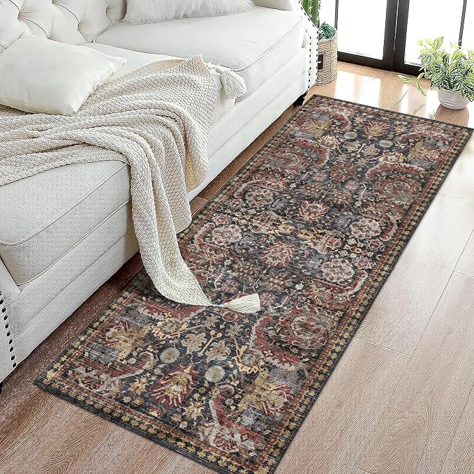 RUGSURE Washable Area Rugs - Perfect for Living Room, Bedroom, Kids Room, Nursery - Stain & Water Resistant Non-Slip, Pet & Child Friendly, Vintage Tribal Area Rugs (Rust, 2'6'' x 8')