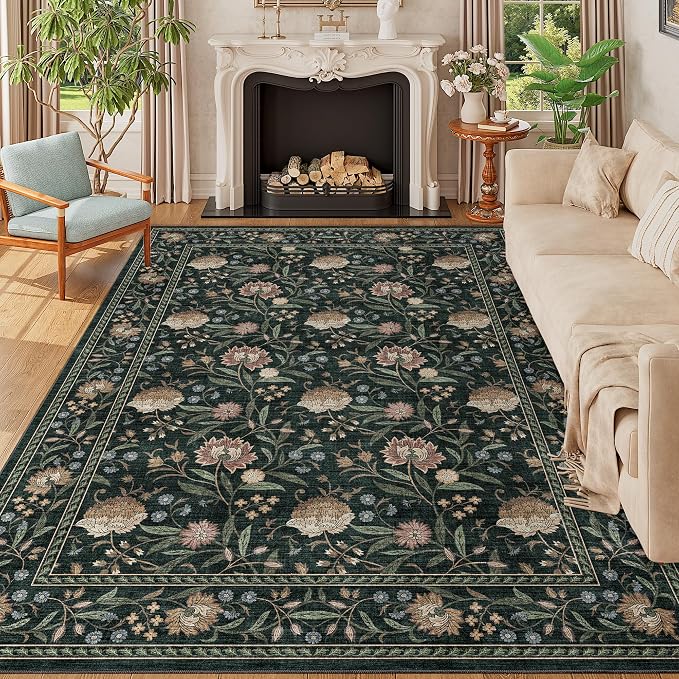 DUKINO 6x9 Area Rug Vintage Floral Washable Rugs for Living Room Dark Green | Non Slip, Low Pile, Non-Shedding, Stain Resistant Soft Large Carpet for Bedroom Home Office Dining Room Farmhouse, Home Decor