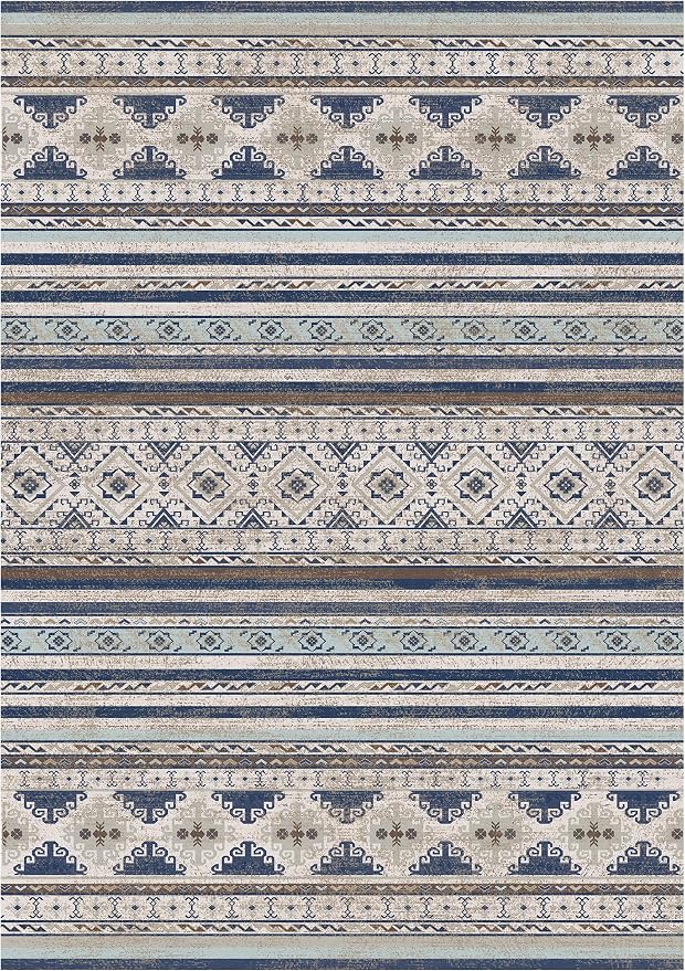 RUGSURE Washable Area Rugs 9' x 12' - 1/6 Thick - Moroccan-Inspired -Stain & Water Resistant Non-Slip - Resistant Rug for Living Room, Bedroom, Nursery, Pet & Child Friendly (Blue and Brown)