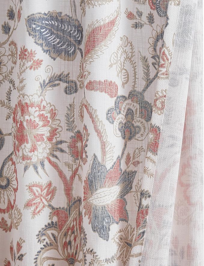 Kayne Studio Botanical Semi Sheer Jacobean Curtains,Navy Red Floral Farmhouse Linen Curtain Drapes,Light Filtering Farmhouse Curtains for Living Room and Bedroom, Rod Pocket Back Tab,52"x95",2 Panels