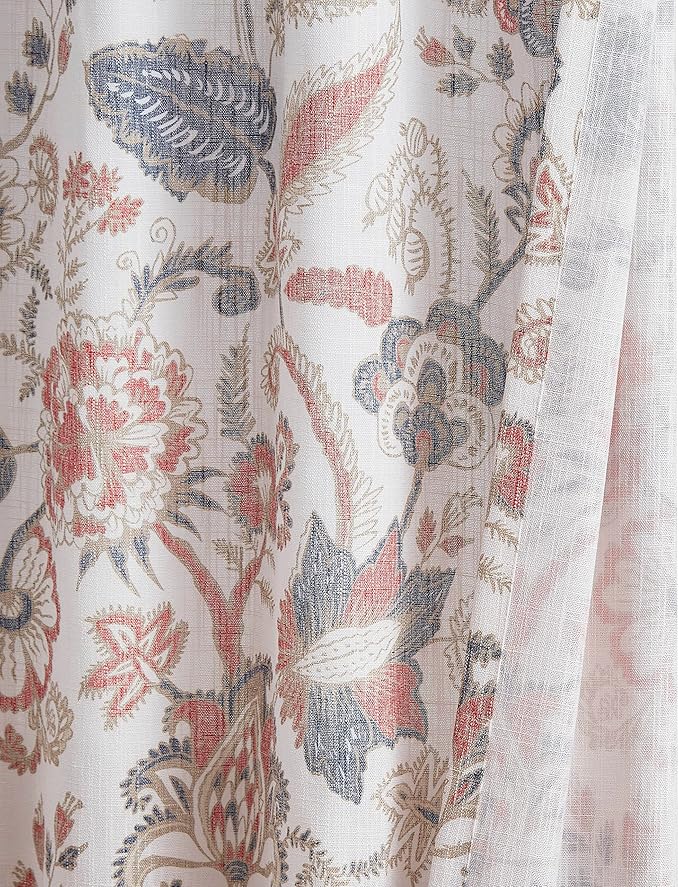 Kayne Studio Navy Red Curtain Panels Linen Textured Botanical Leaf Print Floral Farmhouse Linen Curtain Drapes Light Filtering Window Treatments Living Room Bedroom Rod Pocket Back Tab,52"x108"x2