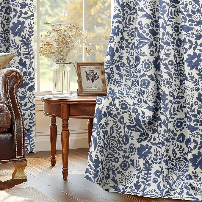 DriftAway Julia 100% Blackout Curtains Grommet 2 Panels, W52xL84, Navy | Floral Curtains, Bedroom, Living Room, Linen Blend, Watercolor Pattern, 2 Layers, Thermal Insulated, Window Treatment