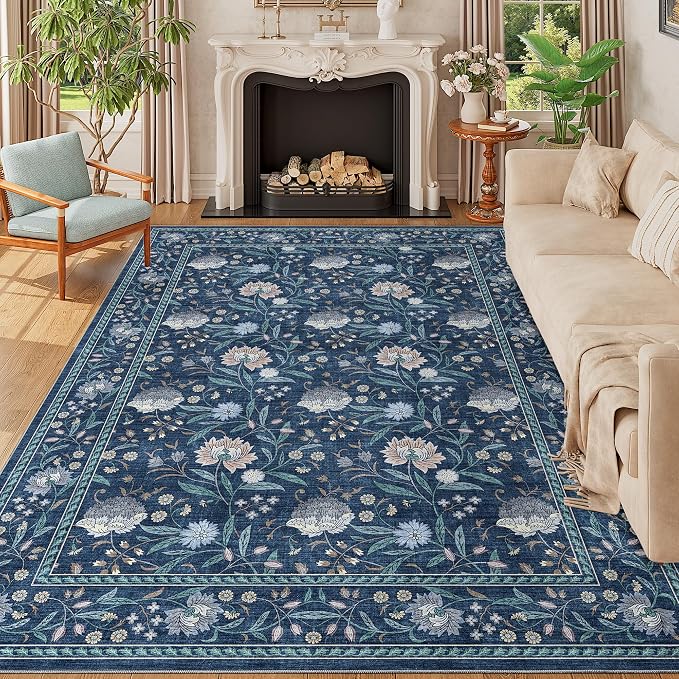 DUKINO 6x9 Area Rug, Vintage Floral Washable Rugs for Living Room Dark Blue | Non Slip, Low Pile, Non-Shedding, Stain Resistant Soft Large Carpet for Bedroom Home Office Dining Room Farmhouse, Home Decor