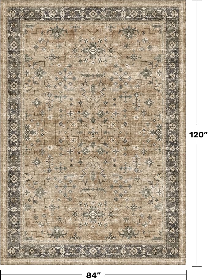 Boho Earth Tone 7x10 Living Room Rug - Distressed Natural Taupe Washable Bedroom Area Rug, Modern Vintage Dining Room Carpet, Non-Slip Stain & Fade Resistant