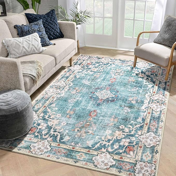 MUJOO 5'x7' Area Rugs Teal Washable Boho Rug Non Slip Low-Pile Floral | Machine Washable Large Throw Carpet for Bedroom Living Room Dining Room Soft Floor Indoor Abstract Flowers Blue Colorful