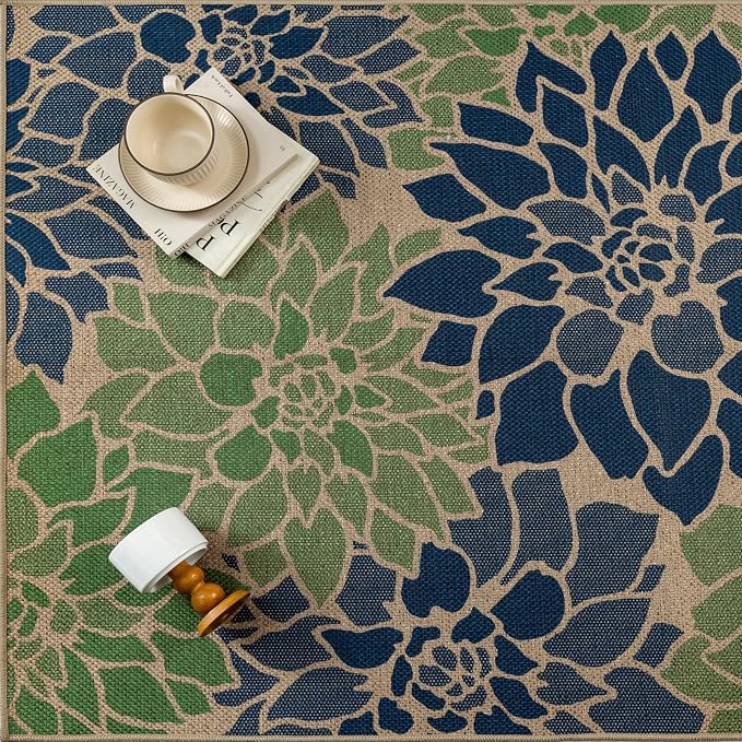 PureCozy 5x8 Easy Jute Outdoor Rug Navy/Green Floral Textured Indoor Outdoor Area Rug Farmhouse Patio Carpet for Backyard, Patio, Porch, Easy-Cleaning, High Traffic, Pet-Friendly, Non-Shedding