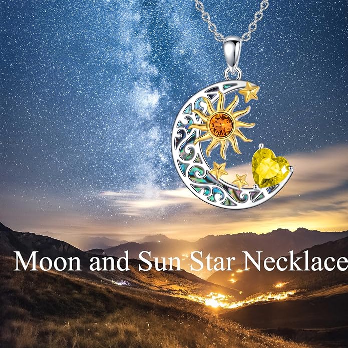 AOBOCO 925 Sterling Silver Sun and Moon Star Pendant Necklace with Simulated Birthstone, Birthday Christmas Jewelry Gift for Women Teen Girls