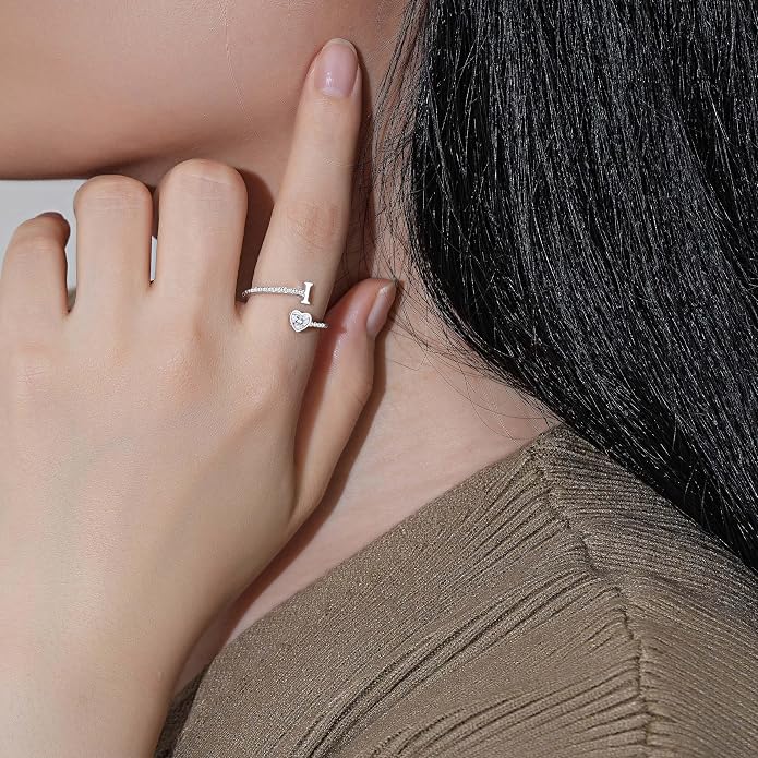 Step Forward 925 Sterling Silver Adjustable Initial Ring for Women | Non Tarnish Letter Rings for Lady | Alphabet Heart Thumb Rings | Capital Letter Jewelry Gifts