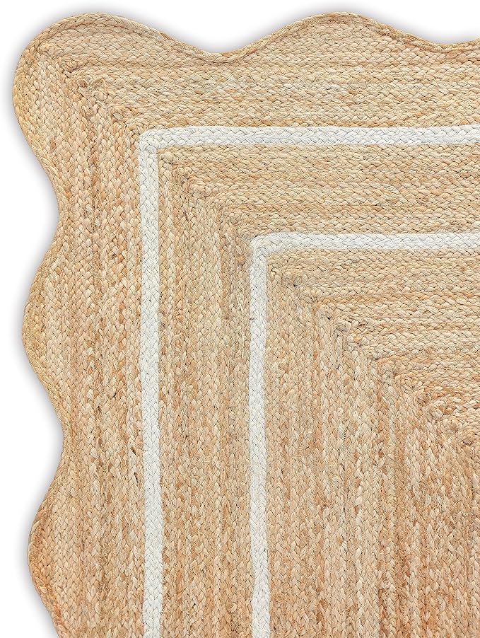 Wave Scalloped Natural Jute Rug Boho Jute Rug Entryway Runner Rug Farmhouse Scallop Rug, Off White (2'6"x18')