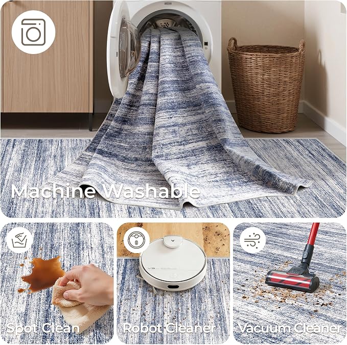 2x8 Runner Rug Non Slip,Washable Hallway Runner Rug,Blue | Neutral Rugs for Kitchen,Entryway,Bedroom,Bathroom,Nursery Room,Thin,Soft Runner Rug,Stain Resistant Indoor Carpet