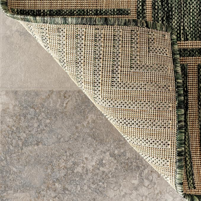 Nuloom Asha Green/Brown, 9'6" x 12', Casual, Striped Border, Soft and Cozy, High Traffic, Easy Clean, Durable Area Rug for Indoor/Outdoor Patio, Deck, Porch, Garden, Courtyard