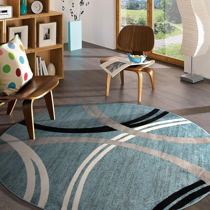 Rugshop Wavy Circles Modern Jute Backing Living Room Round Rug Blue 8'