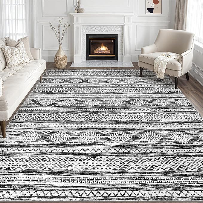 Tortania Area Rug Living Room Rugs - 8x11 Washable Large Soft Neutral Boho Moroccan Bohemian Farmhouse Rug Indoor Floor Carpet for Bedroom Under Dining Table Home Office Decor - Black White