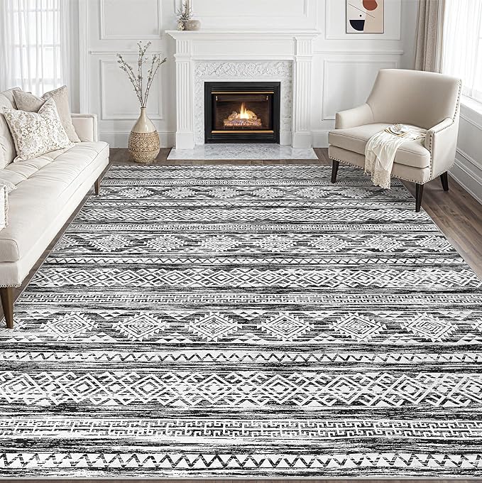 Tortania Area Rug Living Room Rugs - 9x13 Washable Large Soft Neutral Boho Moroccan Bohemian Farmhouse Rug Indoor Floor Carpet for Bedroom Under Dining Table Home Office Decor - Black White