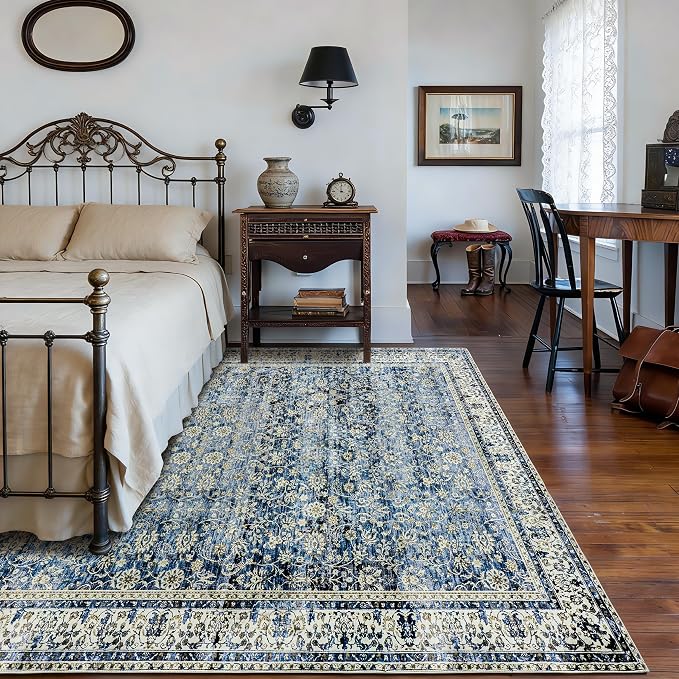 Blue Area Rug for Living Room 8x10 Washable Vintage Farmhouse Big Large Boho Distressed Carpet Rugs for Bedroom,Light Blue and Cream Polyester Rayon Cotton Blend