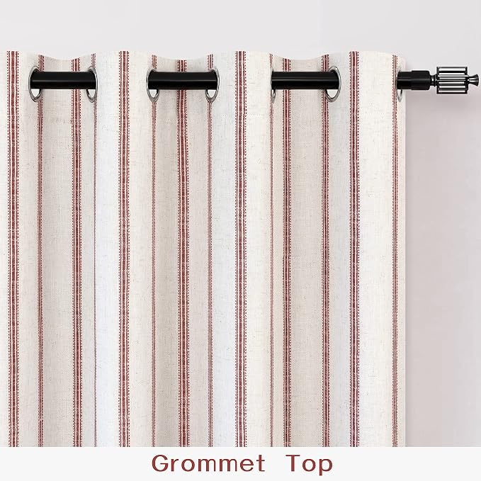 DriftAway Farmhouse Linen Stripe Blackout Curtains, W52xL84, Red | Blackout, Linen Texture, Stripe Pattern, Grommet, Two Layers, Bedroom Living Room Use, Sound Reducing Design