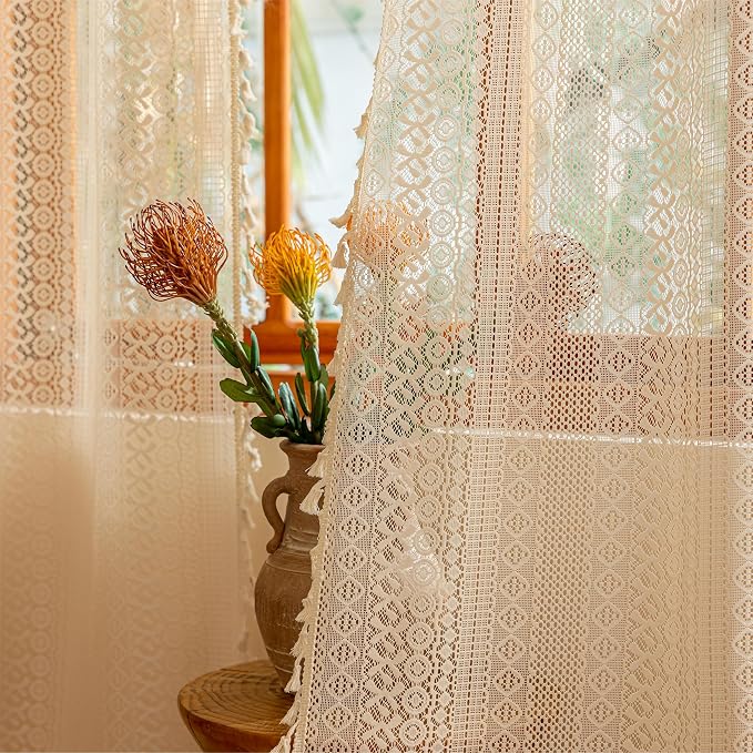 Sutuo Home Beige Lace Boho Curtains for Living Room Dining Room, Semi Sheer Curtains Farmhouse Privacy Crochet Vintage Tassels Retro Bohemian Style Rod Pocket Decor Window Drape, 2 Panels 50" x 102"