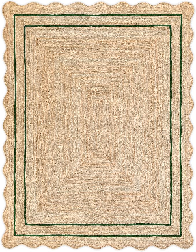 Wave Scalloped Natural Jute Runner - Boho Farmhouse Scallop Rug, Green (3'x5')