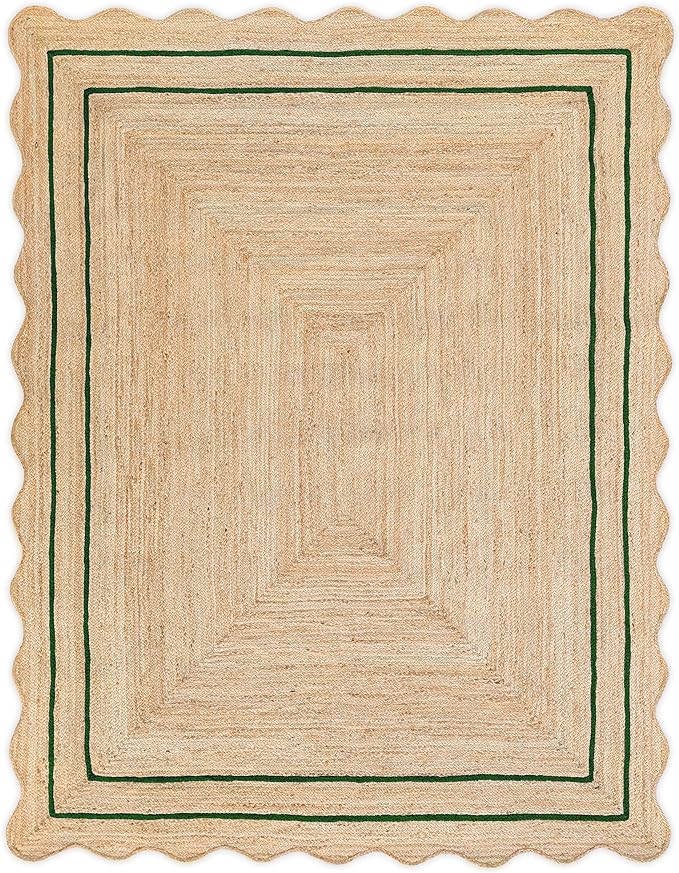 Wave Scalloped Natural Jute Runner - Boho Jute Entryway Rug, Green (6'x9')