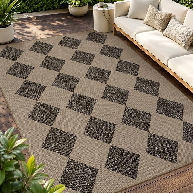 GENIMO Indoor Outdoor Area Rug 5'x8', Checkered Easy Jute Rug Machine Washable, Easy-Cleaning, Non Slip Geometric Diamond Outdoor Carpet for Patio, Living Room, Backyard, Porch, Deck, Balcony