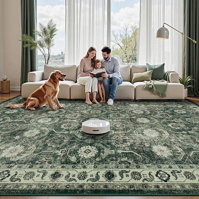 Large Area Rug 10x14, Soft Non Slip Low Pile Washable Rug, Boho Modern Area Rug for Living Room, Bedroom, Dining Room, Sage Green