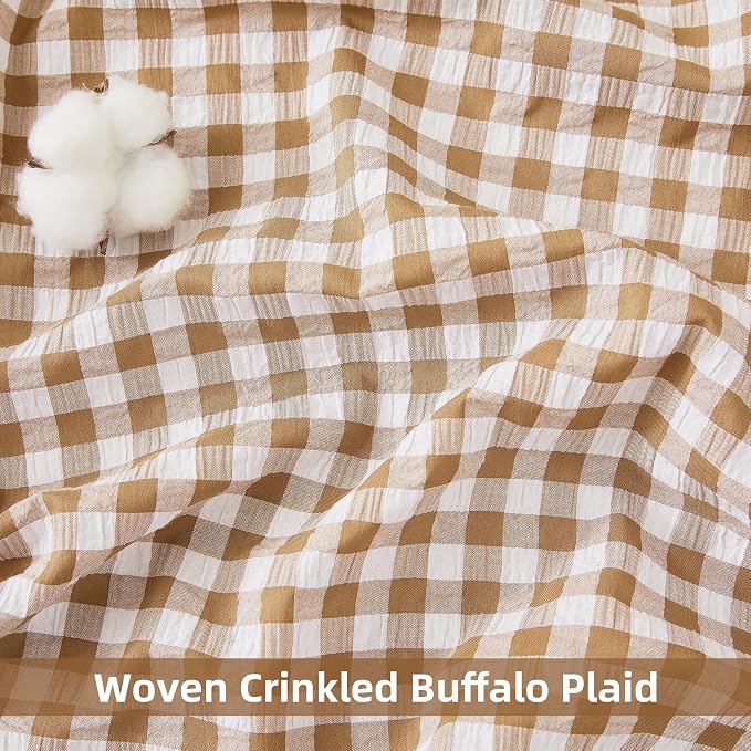 ZJDECOR 90 Inch Brown Buffalo Plaid Crinkle Curtains with Ruffle Edges | Neutral Farmhouse Not-See-Through Sheer for Bedroom Living Room,Rustic Window Treatment,Rod Pocket,40"Wx90"L(Pack of 2)