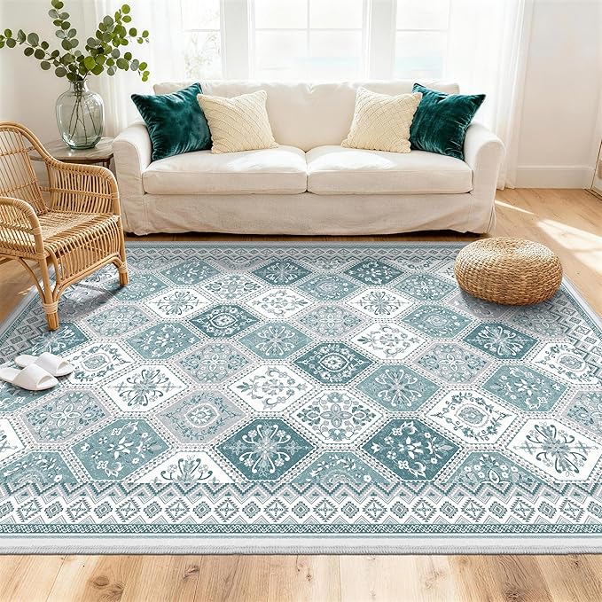 6x9 Area Rugs for Living Room, Soft Non-Slip Vintage Boho Moroccan, Low-Pile Printed Washable Teal Rug for Living Room, Bedroom, Dining Room, Playroom-Teal | TTelephant Low-Pile Printed Washable Teal Rug for Living Room, Bedroom, Dining Room, Playroom