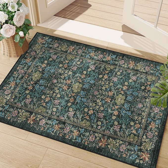 DUKINO 2x3 Entryway Rug, Washable Vintage Floral Area Rug, Blue | Non Slip, Low Pile, Non-Shedding, Soft Indoor Door Mat, Small Front Door Throw Carpet for Bathroom Kitchen Entrance Bedroom
