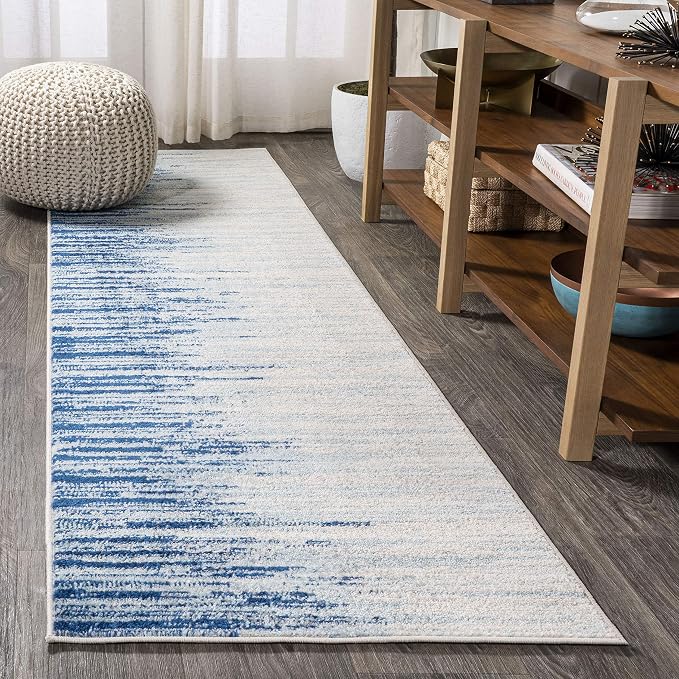 JONATHAN Y Linear Modern Half-Stripe Blue/Cream Runner Rug, 2x8, Contemporary, Transitional, Easy-Cleaning for Living Room, Bedroom, Kitchen, Pet Friendly, Non-Shedding (CTP112A-28)