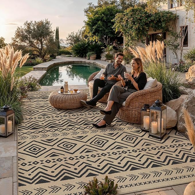 PureCozy 9x12 Easy Jute Outdoor Rug Black Boho Indoor Outdoor Area Rug Farmhouse Patio Carpet for Backyard, Patio, Porch, Living Room，Easy-Cleaning, High Traffic, Pet-Friendly, Non-Shedding