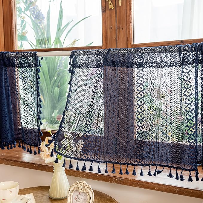 Sutuo Home Boho Lace Sheer Short Curtains Valance 2 Panels for Kitchen Window Curtains Over Sink, Closet Crochet Privacy Farmhouse Vintage Chic Handmade Tassels Rod Pocket, 50" W x 36" L Navy Blue