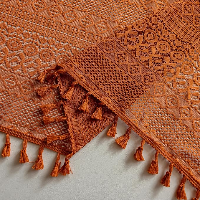 Sutuo Home Lace Boho Curtains 2 Panels for Living Room Bedroom, Semi Sheer Curtains French Country Privacy Vintage Chic Tassels Burnt Orange Rustic Halloween Decor Rod Pocket, 50" x 108" Terracotta