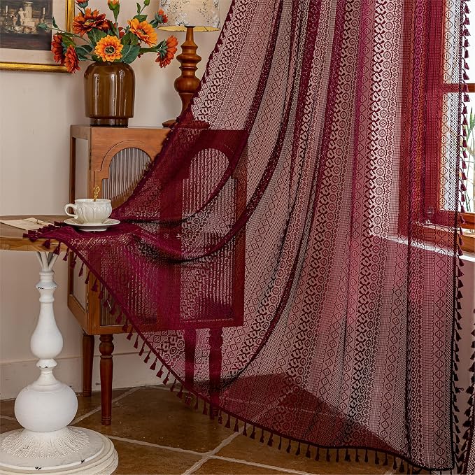 Sutuo Home Burgundy Boho Sheer Curtains 84 inches Long 2 Panels for Bedroom Living Room, Red Lace Curtains Crochet Bohemian Farmhouse Vintage Tassels Window Treatments Xmas Decor Rod Pocket, 50" W