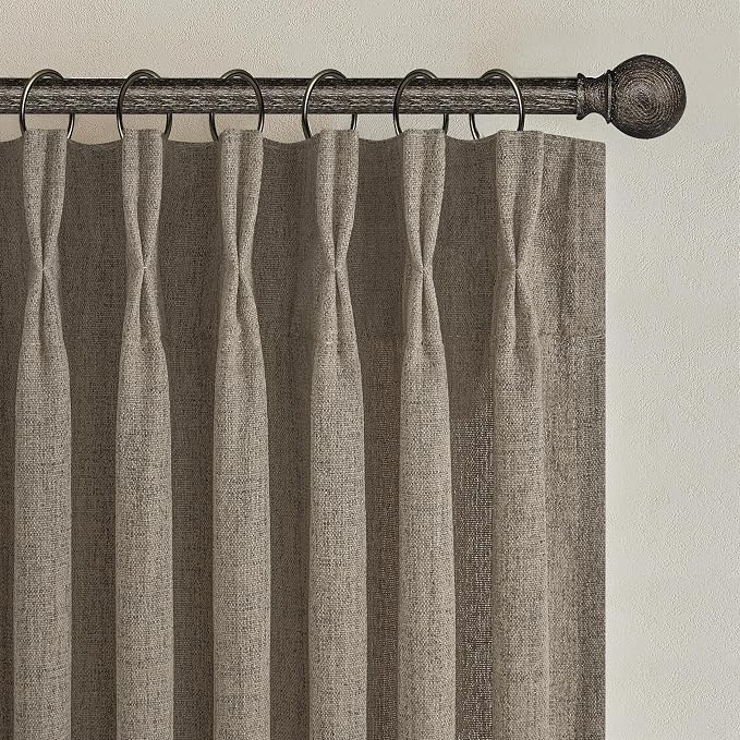 Pinch Pleat 60 Inch Wide Semi Sheer Curtains 102 Inches Long for Dining Room, Dark Flax Memory Trained Natural Thick Linen Light Filtering Aesthetic Windows Curtain & Drapes with Back Tab 2 Panels Set
