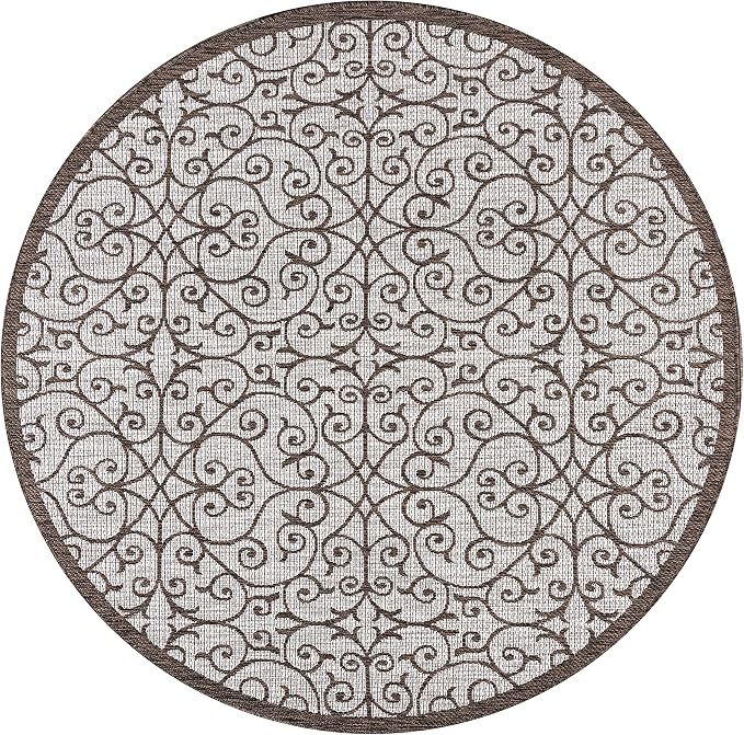 JONATHAN Y Vintage Filigree Indoor Outdoor Round Area Rug 9 Ft Taupe/Espresso, Madrid Textured Weave for Backyard, Patio, Porch, Easy-Cleaning, High Traffic, Pet-Friendly, Non-Shedding (SMB107C-9R)