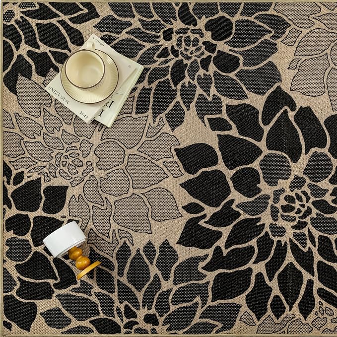 PureCozy 8x10 Easy Jute Outdoor Rug Black Floral Textured Indoor Outdoor Area Rug Farmhouse Patio Carpet for Backyard, Patio, Porch, Easy-Cleaning, High Traffic, Pet-Friendly, Non-Shedding
