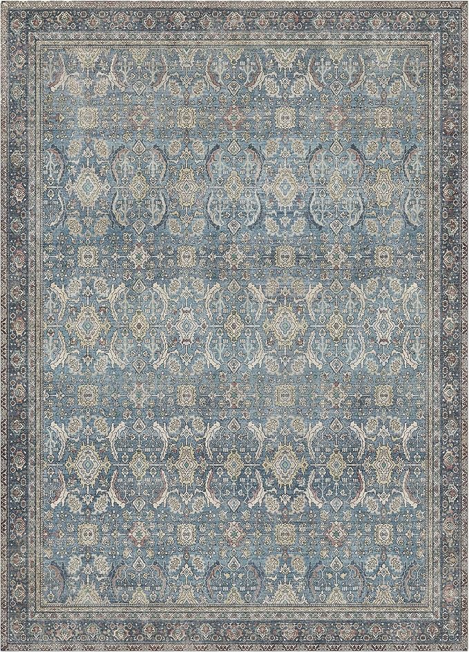 BESBLEE 8X10 Area Rugs Machine Washable Rugs for Living Room, Vintage Boho Large Rugs for Bedroom Dining Room, Non Slip Indoor Soft Distressed Lightweight Thin Low Pile Carpet, Vintage Blue