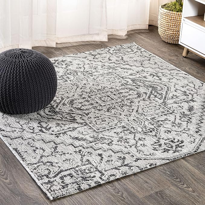 JONATHAN Y Boho Medallion Indoor Outdoor Square Area Rug 6X6 Black/Gray, Estrella Textured Weave for Backyard, Patio, Porch, Easy-Cleaning, High Traffic, Pet-Friendly, Non-Shedding (SMB105D-6SQ)