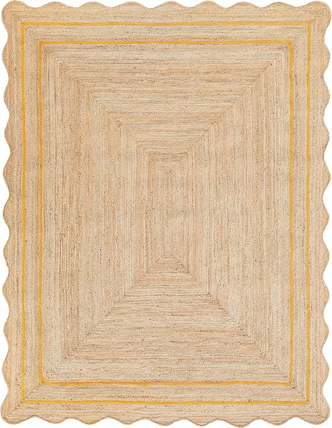 Wave Scalloped Natural Jute Rug - Boho Entryway Runner, Farmhouse Scallop, Yellow (6'x9')