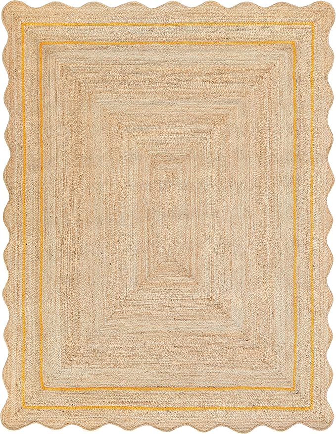 Wave Scalloped Natural Jute Rug - Boho Entryway Runner - Farmhouse Scallop, Yellow (8'x10')