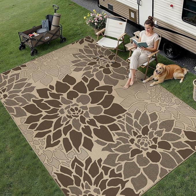 PureCozy 9x12 Easy Jute Outdoor Rug Brown Floral Textured Indoor Outdoor Area Rug Farmhouse Patio Carpet for Backyard, Patio, Porch, Easy-Cleaning, High Traffic, Pet-Friendly, Non-Shedding