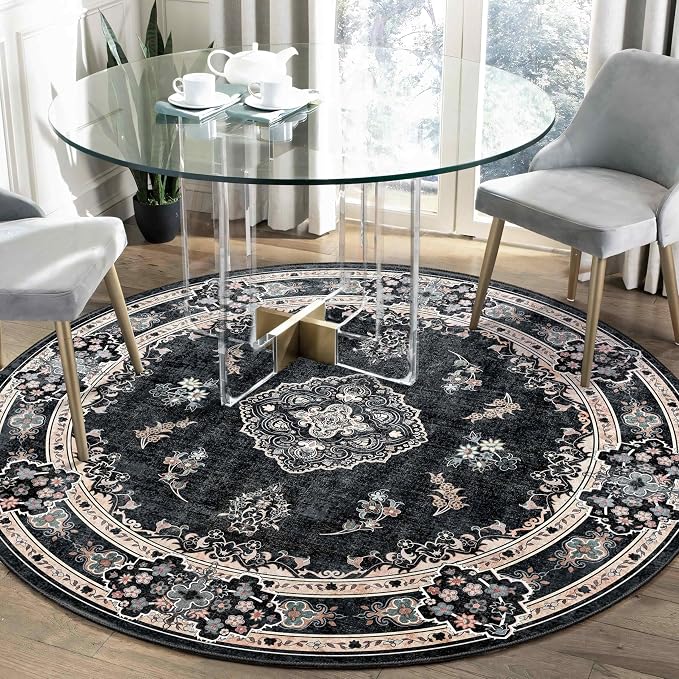 MUJOO Black Round Rug 5ft,Circle Washable Area Rug Non Slip Low-Pile Floral | Circular Rugs for Bedroom Living Room Dining Room Bathroom Boho Throw Carpet Soft Floor Indoor Vintage Bohemian Flowers