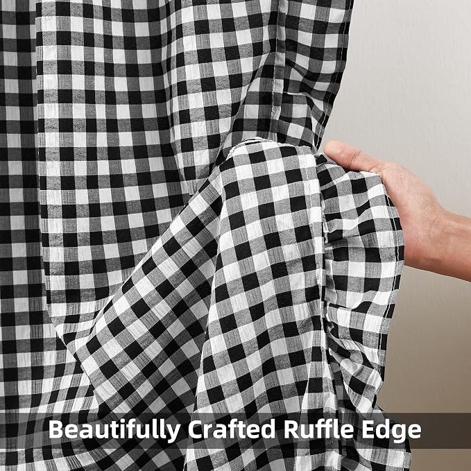 ZJDECOR Black White Buffalo Plaid Ruffle Window Curtains 84 Inches Long | Woven Crinkle Not-See-Through Sheer Drape,Rustic Shabby Chic Window Treatment,Bedroom Living Room,Rod Pocket,40"Wx84"Lx2
