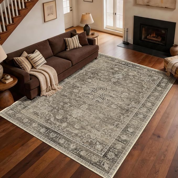 5x7 Area Rugs, Vintage Medallion Carpet for Living Room, Brown | for Bedroom and Dining Room, Washable Low Pile Indoor Rug with Non-Slip Silicone Backing, Non-Shedding Stain Resistant