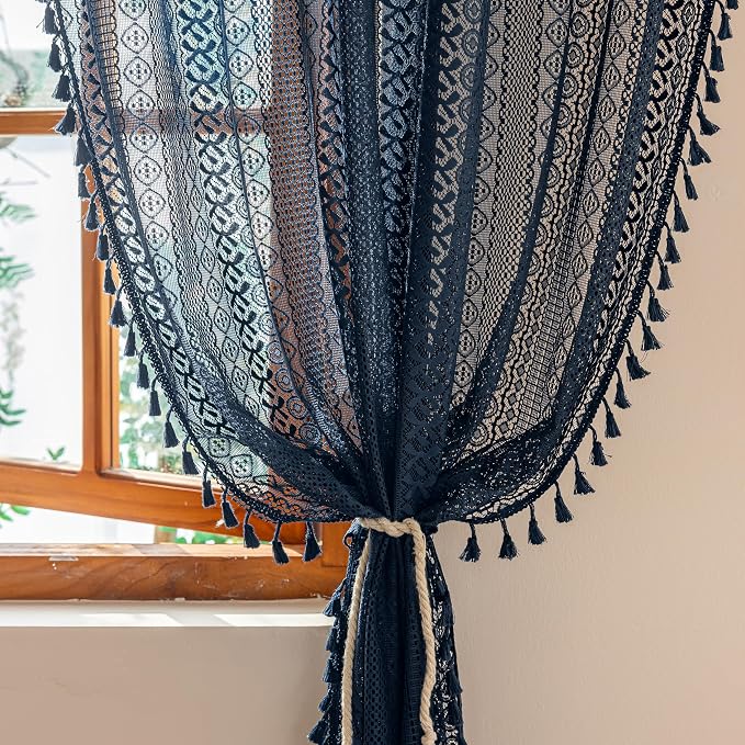 Sutuo Home Navy Blue Boho Curtains 2 Panels 84 Inches Long for Bedroom Living Room, Semi Sheer Macrame Lace Crochet Privacy Farmhouse Vintage Tassels Retro Strips Window Curtains Decor Rod Pocket,50"W