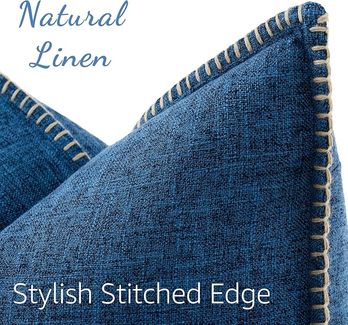 decorUhome Dark Blue Faux Linen Outdoor Throw Pillow Covers 20x20 Set of 2 | Fall Decorative Textured Neutral Modern Farmhouse Pillow Covers with Stitched Edge for Couch Sofa Bed Living Room