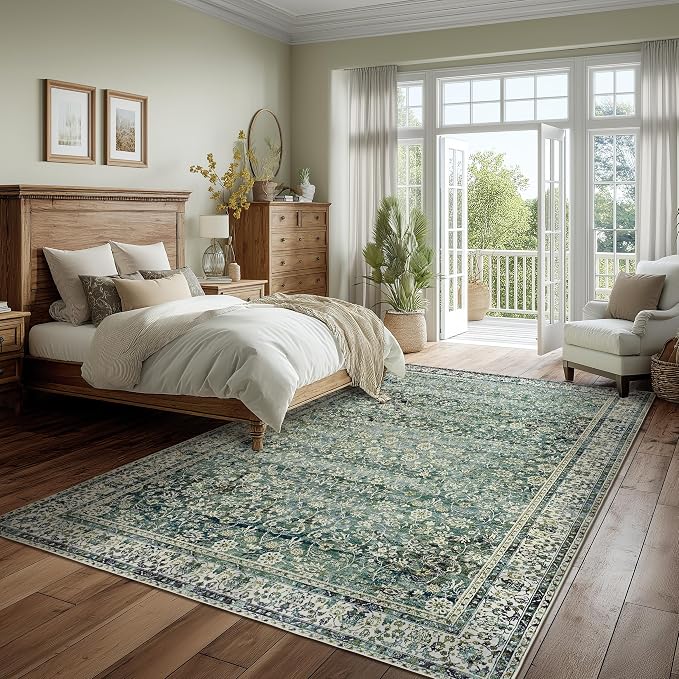 9x12 Area Rugs Dark Green Washable Rug for Living Room Big Bedroom Under Bed,Low Pile Soft Non Slip Floral Boho Vintage Extra Large Carpet for Dining Room Under Table,9 by 12,Blue and Green